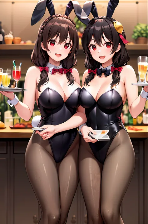 masterpiece,best quality, highres, yunyun1, 2girls, identical twins, clones, red eyes, duo, braid, long hair, large breasts, hai...