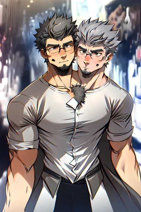 25-year old male, white shirt, hirsute, ash-grey hair, two heads, two different heads.
