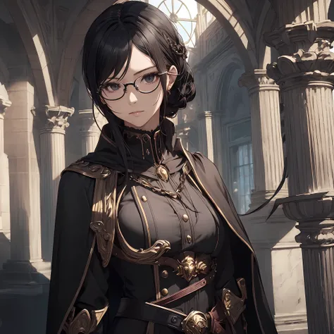 masterpiece, best quality, 1woman, adult, female focus, solo, black brownish hair, medium hair, black eyes, looking at viewer, closed mouth, oval glasses, Fantasy aesthetics, Highly detailed, shadowverse style, black attire, cape