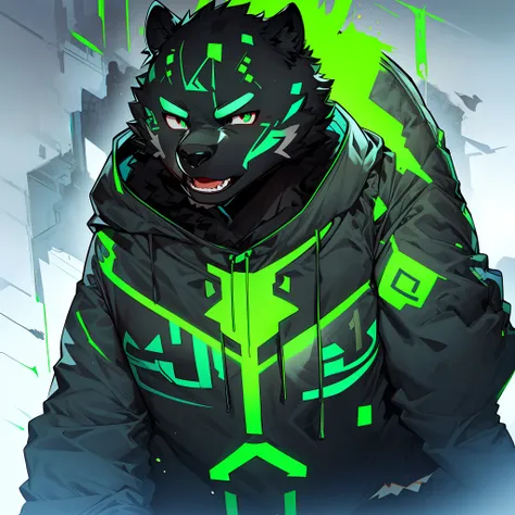 furry，black panther，fluorescent green pattern，green pupills