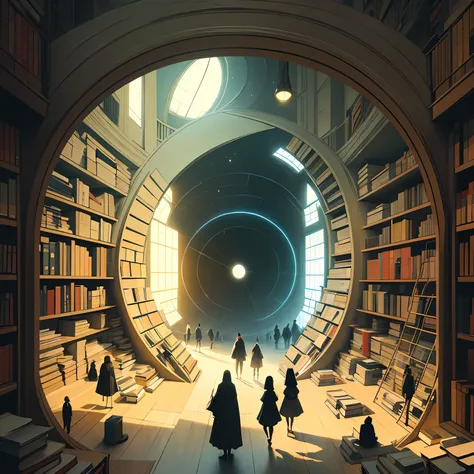 arafed image of people, standing in the library with books, (magic library, fantastic design, möbius strip), endless books, artw...