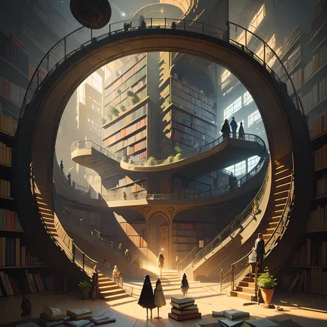 arafed image of people, standing in the library with books, (magic library, fantastic design, möbius strip), endless books, artw...