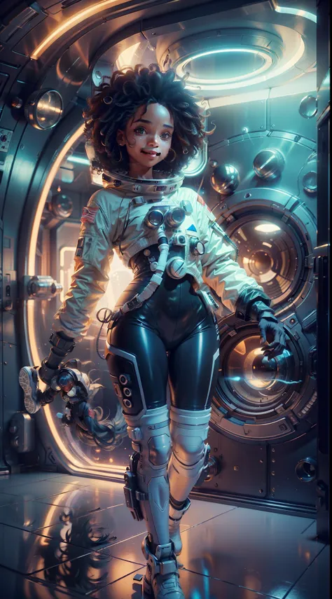 a full-body girl with black skin and curly hair floats inside a large gravitational capsule, (perfect smile: 1.8), golden ratio,...