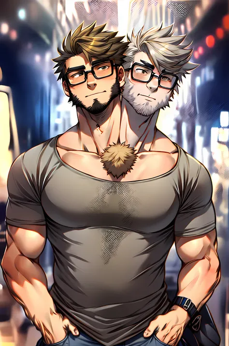 25-year old male, casual clothes, hirsute, two heads, two different heads. Right head older, ash-grey hair, stubble. Left head younger, blonde hair. Age difference.