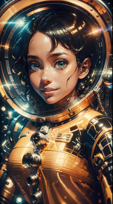 a full-body girl with black skin and curly hair floats inside a large gravitational capsule, (perfect smile: 1.8), golden ratio,...