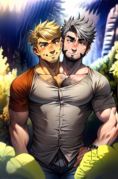 25-year old male, casual clothes, hirsute, two heads, two different heads. Right head older, ash-grey hair, stubble. Left head younger, blonde hair. Visible age difference. Different hairstyle. Different face shape. Nature background.