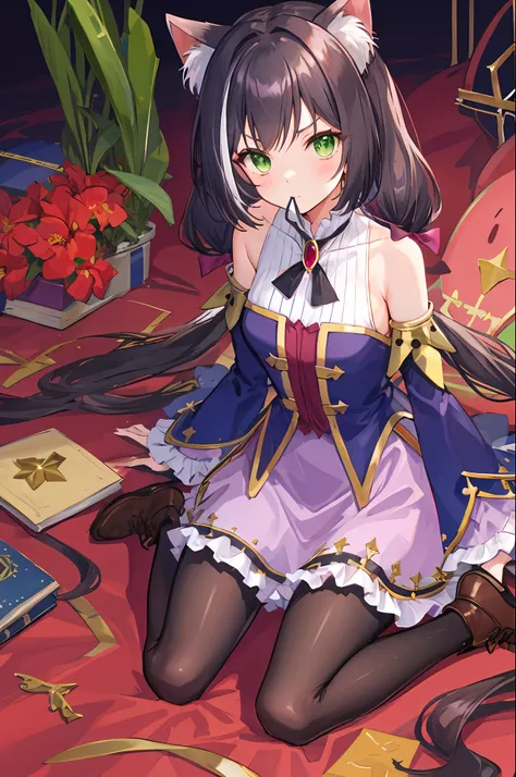 tmasterpiece, Best quality at best, ultra - detailed, 1girll, By bangs, exposed bare shoulders, Black over-the-knee stockings, Blushlush, boots, Bow knot, nedium breasts, brooch, brownfootwear, Keep ones mouth shut, Separate the sleeves, shift dresses, fri...