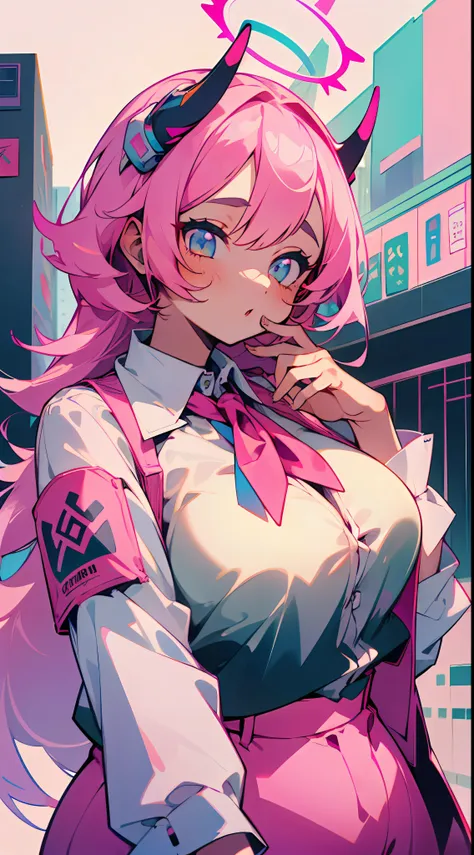 ((masterpiece, best)), (1girl), ((trendy girl)), light pink hair, halo, horn, ((office lady)), bangs, mid-breasted, (plump), sli...