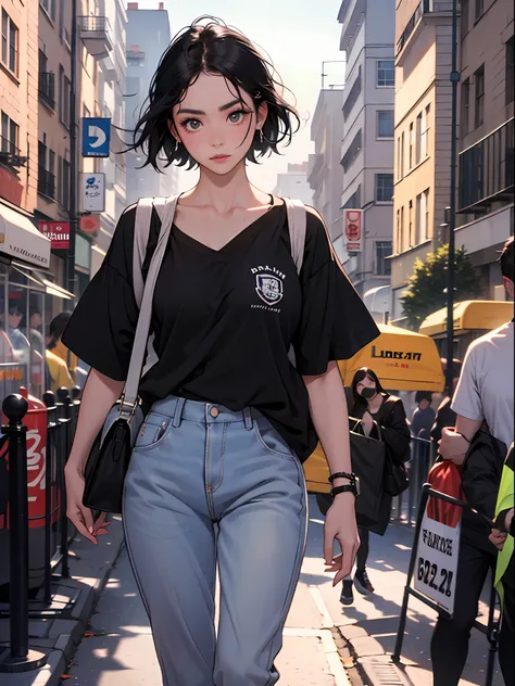 18 year old young girl : 1.3, short black hair: 1.2, Casual wear: 1.2, Daytime: 1.2, On the street: 1.2, Film lighting, Surrealism, UHD, ccurate, Super detail, textured skin, High detail, Best quality, 8k