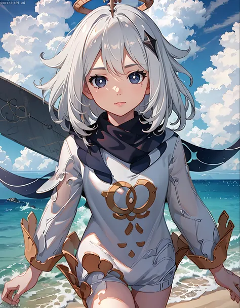 paimon, paimon genshin, (loli:1.4), baby face, white hair, seductive expression, slim lips, seductive pose, swimsuit, tiny boobs...