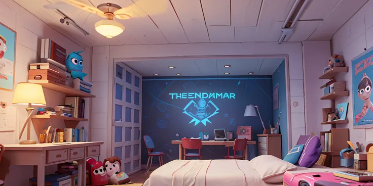 there is a room with a bunk bed and a desk with a lamp, cyberpunk teenager bedroom, personal room background, pixar renderman re...