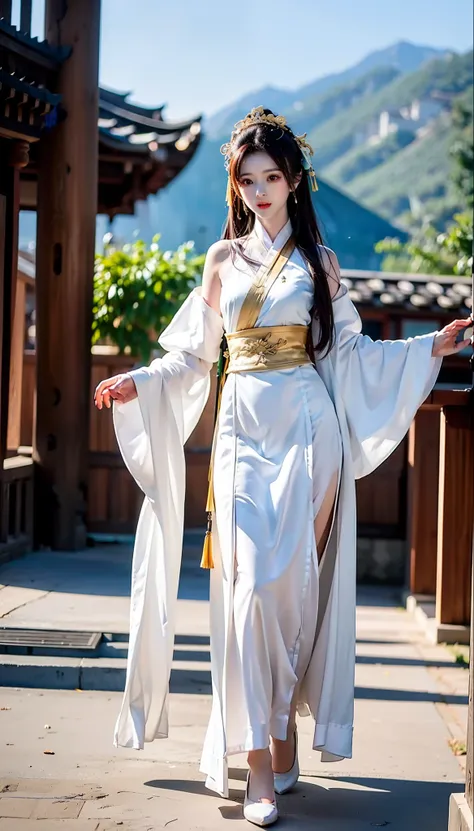 swordsmen，white robe white，long whitr hair，ancient buildings，deep mountain，tall and tall，slender physique，full body photo of a w...