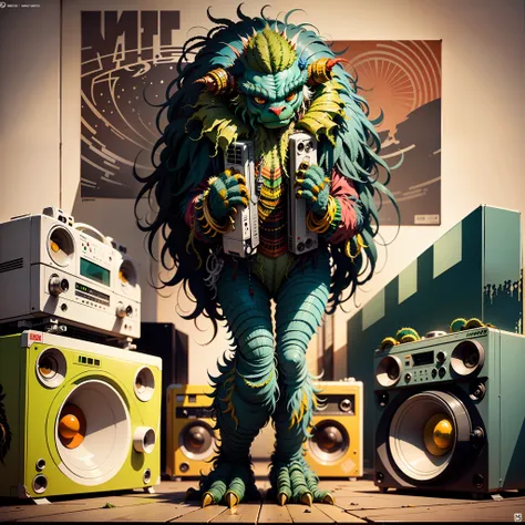 a ((((([rasta monster creature])))))), ( full body shot) holding a boombox, ghetto blaster, big ghetto blaster, tape deck, lofi ...