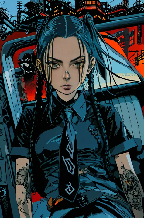anime girl sitting in a car with long hair and a tie, black lagoon, black lagoon manga, inspired by Eddie Campbell, paul pope, an edgy teen assassin, large view, diesel punk female, molly from neuromancer, cliff chiang, image comics, as illustrated in top ...