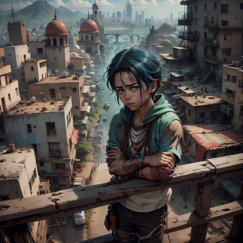 cabello color azul, cabello lacio, 15-year-old boy, mestizo sin ropa dorso descubierto cabello de color azul, ojos azules , mira ala ciudad, Anime image of a 15-year-old man on top of a building in New York , esta mirando triste desconcertado la ciudad, de...