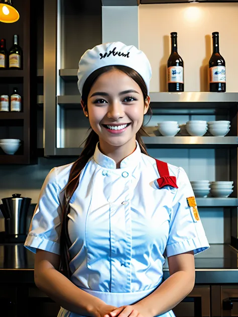 high_quality, melhor qualidade, obra-prima, 1girl, waitress with chefs hat, olhando para o espectador, (sorriso: 1.1),