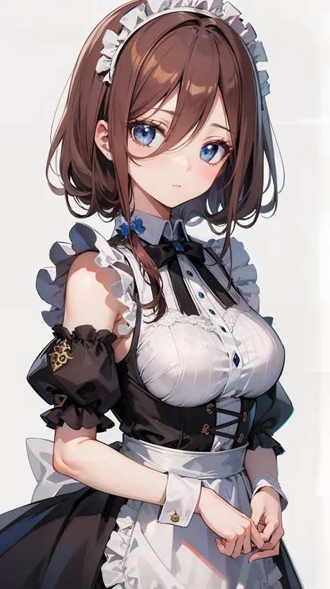 1girl, teen, medium breasts size, brown hair, (((blue eyes))), detailed eyes, beautiful eyes, fixed eyes, maid outfit, (empty ba...