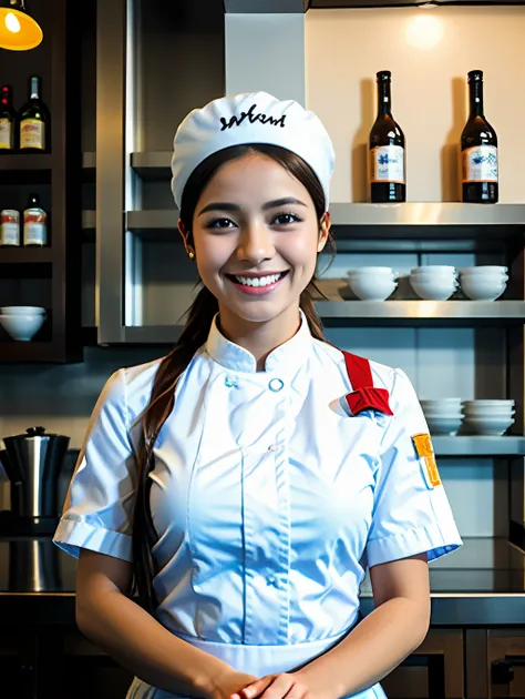 High_qualidade, melhor qualidade, obra-prima, 1girl, Waitress with chefs hat, olhando para o espectador, sem sorrir