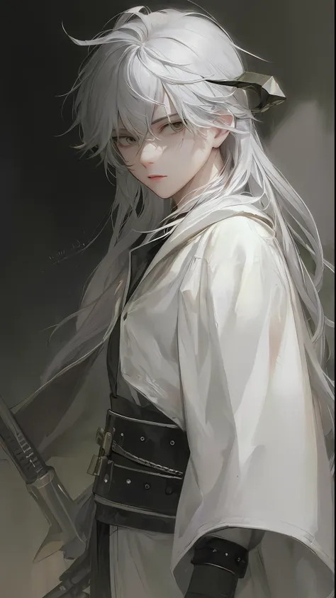 a close up of a person with a white hair and a sword，white-haired god，long  white hair，long white hair，guviz-style artwork，white...