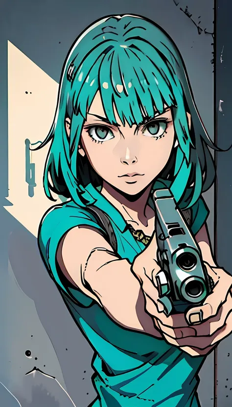 1girl, grey eyes , long aqua hair , aiming at viewer, holding pistol, handgun, masterpiece, detailed shadows, detailed light, hi...