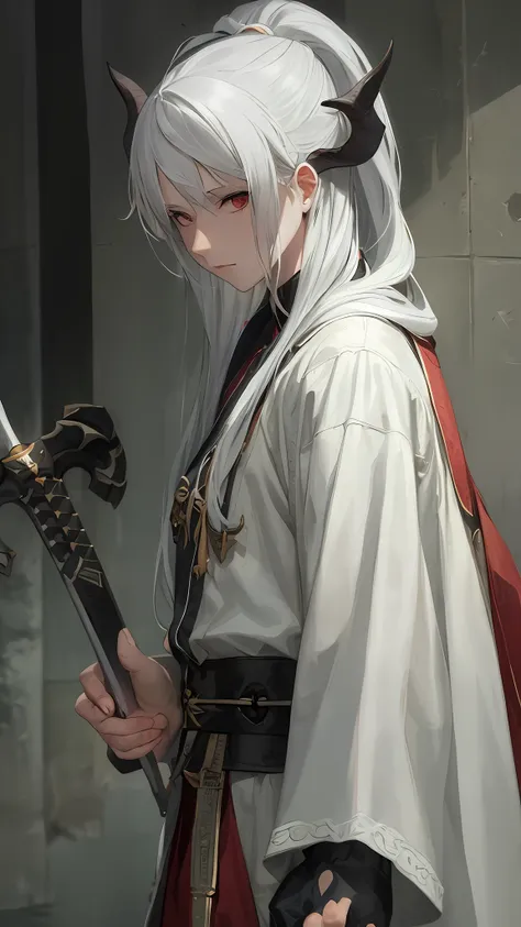 a close up of a person with a white hair and a sword，white-haired god，long  white hair，long white hair，guviz-style artwork，white...