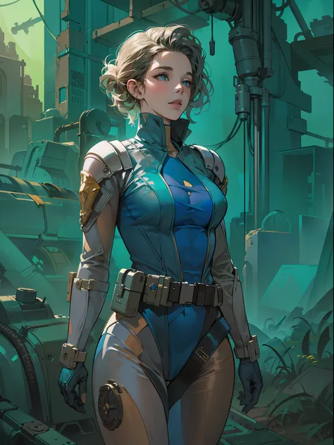 portrait of an alluring 40s style woman in a tight blue bodysuit, fallout suit, vault suit,  ethereal big eyes, wasteland backgr...