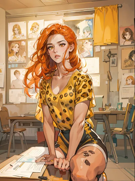 girl in a classroom, realistic face, masterpiece, long messy orange hair, yellow eyes, leopard print leotard, squatting in room,...