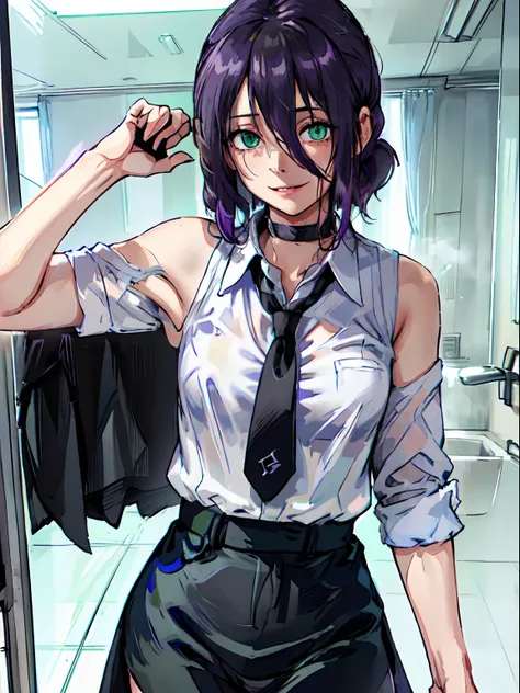 cowboy shot, ((white shirt)), short tie, black tie,1girl, shy, cute,black skirt, green eyes, purple hair, indoors, night, school