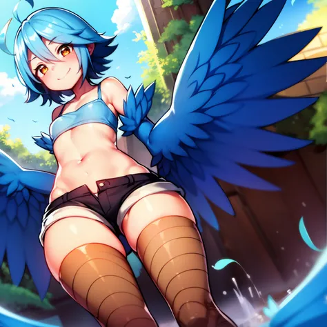 1girl, ahoge, blue_hair, blue_wings, breasts, closed_eyes, day, dutch_angle, feathered_wings, feathers, gennsui, happy, harpy, monster_girl, monster_musume_no_iru_nichijou, navel, open_mouth, outdoors, papi_(monster_musume), short_shorts, shorts, small_bre...