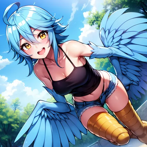 1girl, :d, ahoge, blue_hair, blue_wings, blush, camisole, cloud, contrail, day, feathered_wings, feathers, flying, full_body, happy, harpy, highres, monster_girl, monster_musume_no_iru_nichijou, navel, open_mouth, papi_(monster_musume), photoshop_(medium),...