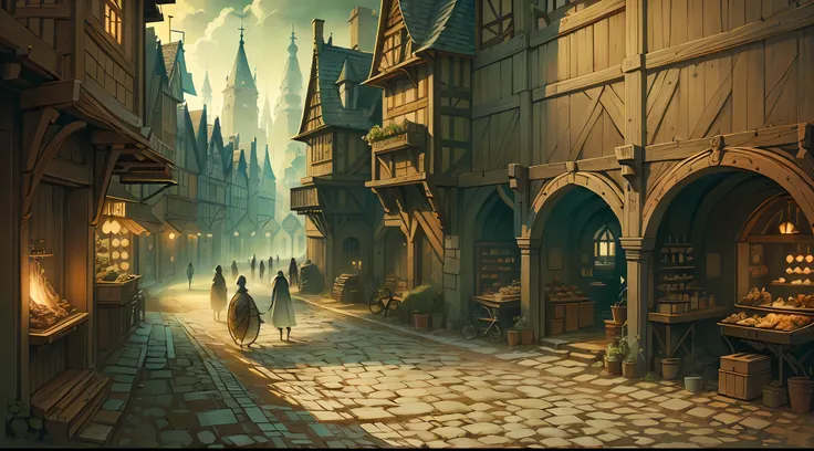 beautiful illustration of a medieval city street, medieval folk walking the streets, detailed, intricate.