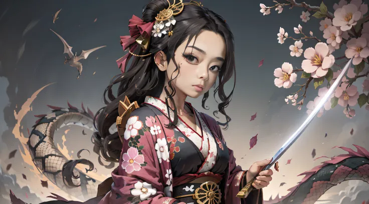 2d animation of a geisha wearing a black kimono with a kasa holding a sword rich in ninja details facing a dragon rich in highly...