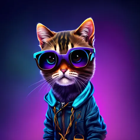 there is a cat wearing a jacket and sunglasses on a purple background, painting digital adorable, arte digital detalhada bonito,...