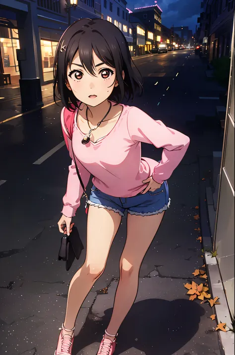 Yazawa nico,((medium breast, tomboy girls, small head)), daylight, sunlight, (chiseled abs : 1.1), (perfect body : 1.1), (short wavy hair : 1.2) , auburn hair, collar, chain, full body shot, crowded street, wearing black tanktop, jeans jacket, ((shorts)), ...