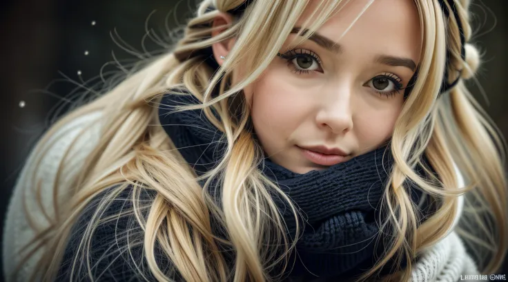 blonde girl with long hair wearing a white sweater and black ear warmers, sonolento, wearing fluffy black scarf, doente com um f...