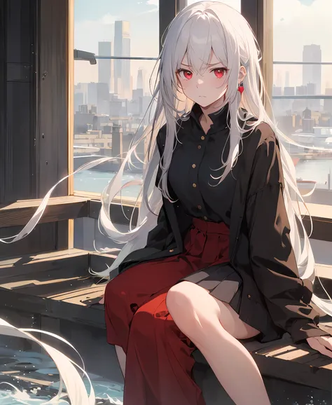 (masterpiece, best quality, high quality), 1girl, ((unimpressed)), sitting, looking at viewer, white hair, (long hair, disheveled hair), red eyes, :(, flowing hair