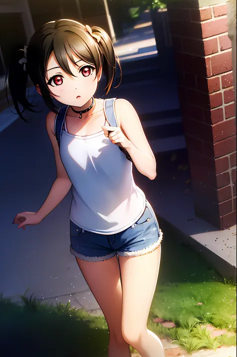 Yazawa nico, twintails,red eyes,((medium breast, tomboy girls, small head)), daylight, sunlight, (chiseled abs : 1.1), (perfect body : 1.1), (short wavy hair : 1.2) , auburn hair, collar, chain, full body shot, crowded street, wearing black tanktop, jeans ...