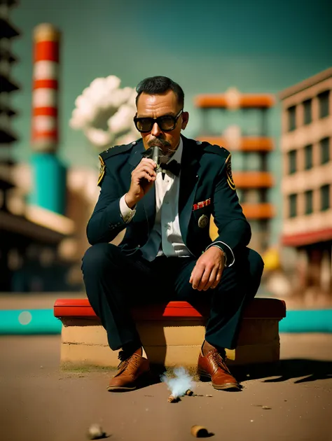 photo of a detective smoking a cigar in an atompunk city