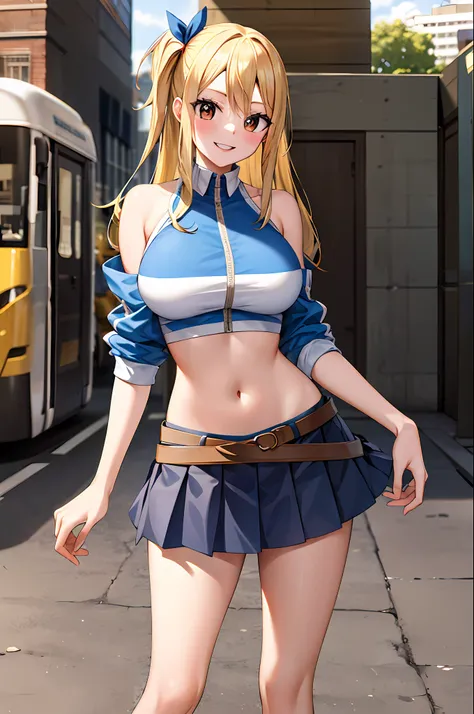 masterpiece, best quality, highres, lucy heartfilia, blonde hair, long hair, large breasts, jacket, crop top, bare shoulder, sho...