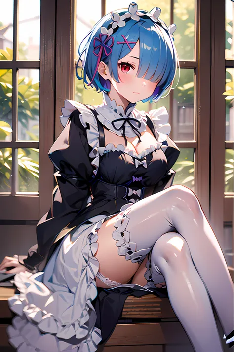 masterpiece, best quality, highres, ram1, 1girl, solo, rem \(re:zero\), blue hair, white thighhighs, short hair, red eyes, hair ...