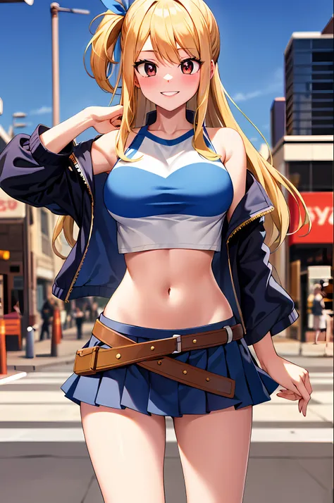 masterpiece, best quality, highres, lucy heartfilia, blonde hair, long hair, large breasts, jacket, crop top, bare shoulder, show stomach, belt, pleated skirt, cowboy shot, standing, looking at viewer, city road, outdoor, modern city road, blush, shy, smil...