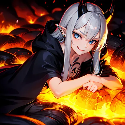 1girl in,Solo,(Lying),Bathing,(eruption),Lava Girl,lava,the magma,Lava splash,tongue,Smirk,spiky_Ears,piercings,Small chest, The tattoo,Blue eyes,hair messy,Long hair,Silver hair,Black cloak,cloak with hood,Diabolical_Horns