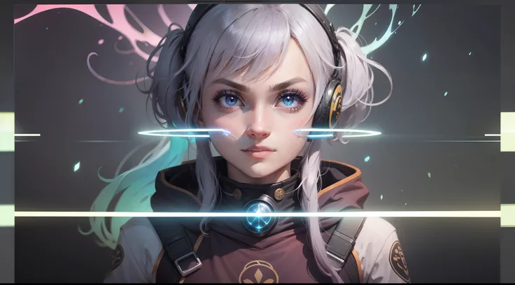 Mulher ninja com fone de ouvido sentido paz, olhos fechados, rosto bonito, cores RGB, cabelo rosa brilhante, colorido anime, fundo brilhante, Banner for youtube video, menina feliz, nuvens com cores RGB, cores RGB brilhantes, completo, ser celestial, garot...