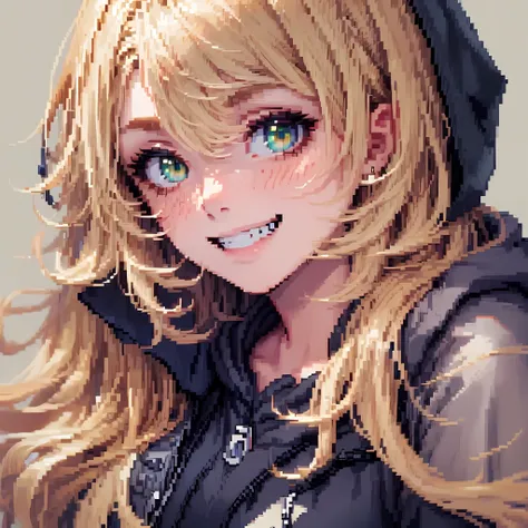 pixai, pixel art, pixel, 16 bits, 1girl, close-up, face only, beige hair, blonde hair, green eyes, grin, loose hoodie, black hoo...