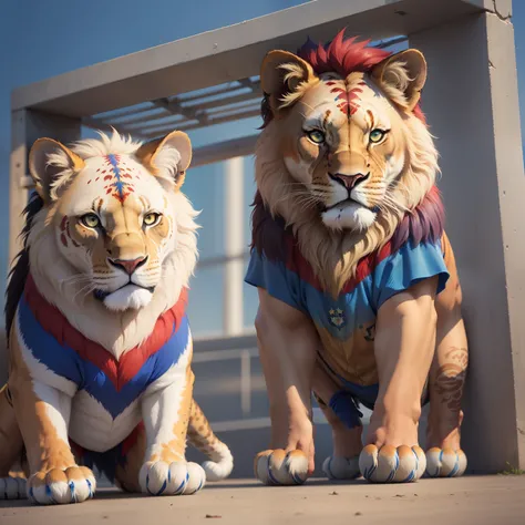 (Camisa esportiva de futebol brasileiro soccer branca, with some red and blue details inspired by lions)