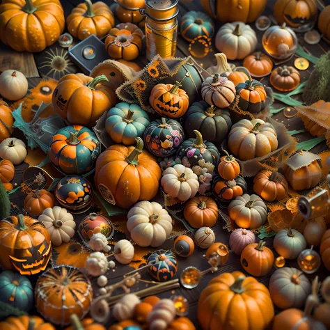 dreamcore sewing and pumpkins halloween trick or treat and candy, amazing photography, hyper realistic oil painting, hyper reali...