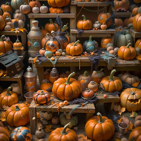 dreamcore sewing and pumpkins halloween trick or treat and candy, amazing photography, hyper realistic oil painting, hyper reali...