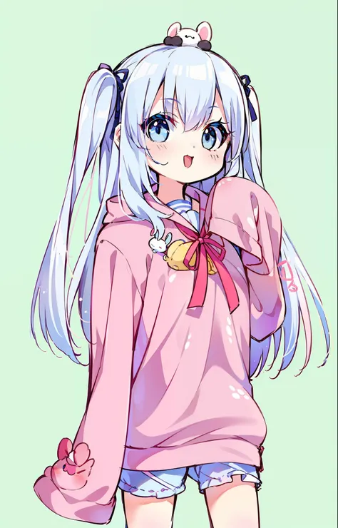 1 girl in、(High resolution of the highest quality)、((masterpiece best quality:1.2))、Long silver hair、Half Twin、Blue eyes、Black ribbon、(Landmines are women)、pink clothing、Bukavuka sleeves、colorful backdrop、Stuffed rabbit、plushies、plushies、elementary student...