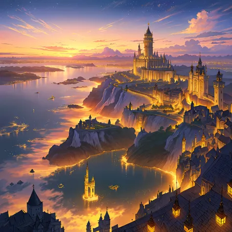 (((obra-prima))), melhor qualidade, detalhes ultra-realistas, um castelo flutuante nas nuvens, com torres altas e pontes suspensas, illuminated by the golden lights of sunset.