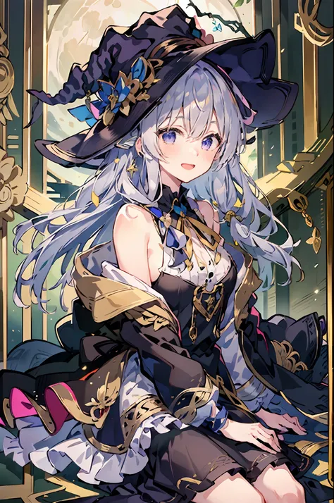 ((yileina)),(((masterpiece))),(best quality))),((very detail)))),bare shoulders ,white_collared shirt,yellow ribbon,witch hat,black robe,black skirt,loli,night,moon,shine,:D